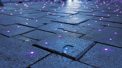 Smart pavement tiles embedded with responsive light sensors glow softly in blue and violet hues, indicating footstep activity in a modern urban environment. ai generative