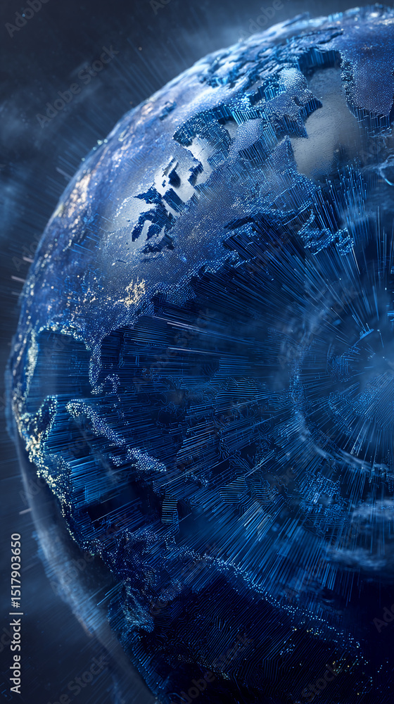 Poster Stylized blue globe image, digital lines forming continents, representing global connection, technology, and data flow, ideal for tech or network concepts