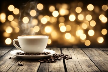 Steaming Coffee Cup on Rustic Wooden Table with Coffee Beans and Warm Bokeh Lights