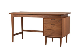 PNG cut out isolated background. Mid-Century Modern Wooden Desk with Drawers. 
