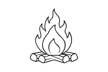 Campfire flames burning brightly over wooden logs simple line art illustration