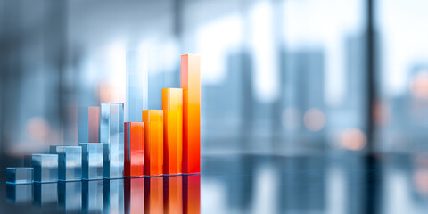 Ascending glass and orange bars graph, showcasing growth and progress against a blurred city backdrop, symbolizing business success and financial increase