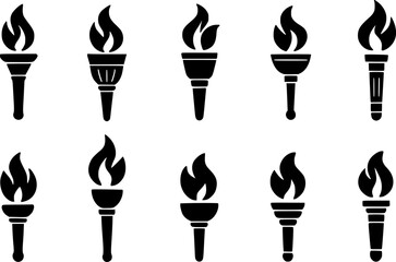 This set of nine simple black and white torch icons are suitable for use in websites, presentations, or other digital media.