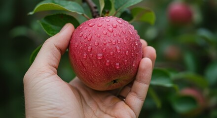 Fresh red apple with water droplets held in hand among foliage  
