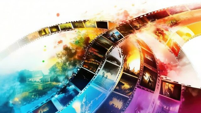 Cinema Reel: A vivid display of a filmstrip unfurling against a backdrop of vibrant colors, a perfect visual to represent the art of cinema. 