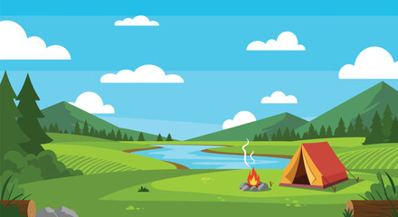 Fototapeta premium Camping in Nature Landscape with Tent Campfire Lake Forest and Mountains