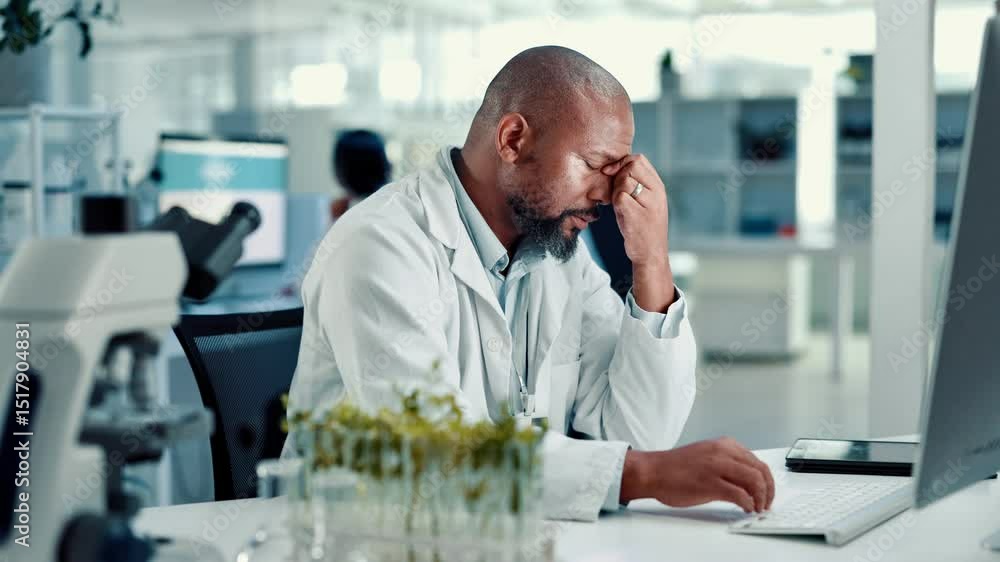 Poster man, scientist and headache with computer in lab for medical study, experiment and botany error. per