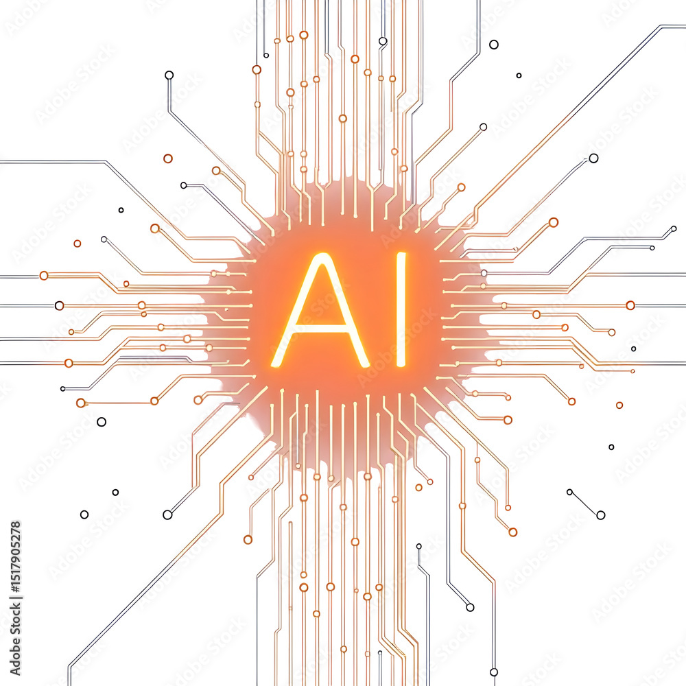 Poster a glowing ai symbol surrounded by circuit board patterns on a black background with orange highlight