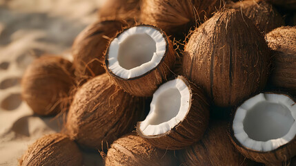 Pile Of Coconuts On Beach Sand