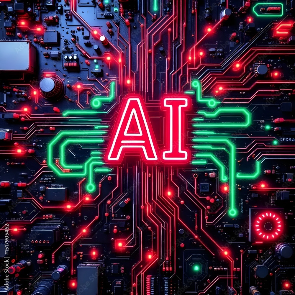 Poster a close up of a circuit board with the letters ai in red and green neon lights on a dark background