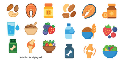 Healthy nutrition icons for aging well and joint health