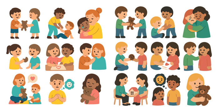 Diverse children demonstrating kindness and friendship in various scenes