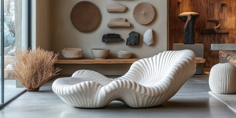 Unique Sculptural Chair in a Stylish Minimalist Interior with Textured Decor