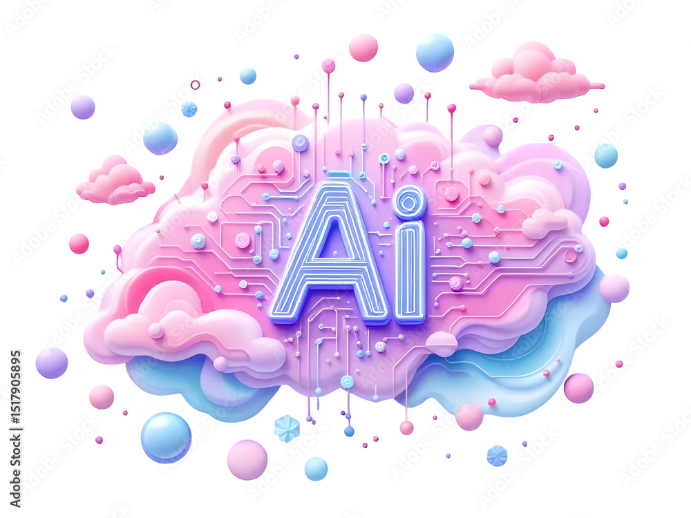 Poster a stylized ai symbol on a cloud with circuit patterns and pastel colored spheres on black background