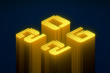 Happy new year 2026 greeting card. Number 2026 written futuristic retro font with neon glow. 3D Illustration, isometric graphic.
