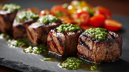 Close-up of grilled beef cubes topped with green sauce, served on a dark slate plate alongside cherry tomatoes, showcasing gourmet food, culinary artistry, and fine dining