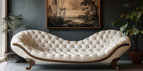 Elegant Cream Leather Chaise Lounge with Tufted Design in a Sophisticated Interior