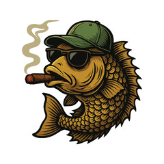 Fish Smoking Cigar Vector – Funny Cartoon Character with Hat and Sunglasses vector illustration