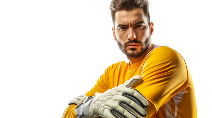 Goalkeeper poses confidently in bright yellow uniform before a match day