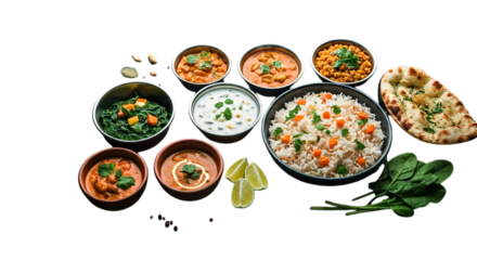 An overhead shot of several bowls of indian food including rice naan and various curries on black surface