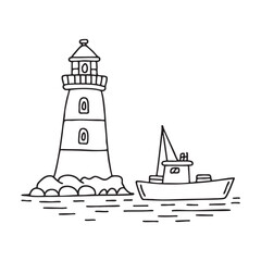 A tug parked beside a little lighthouse