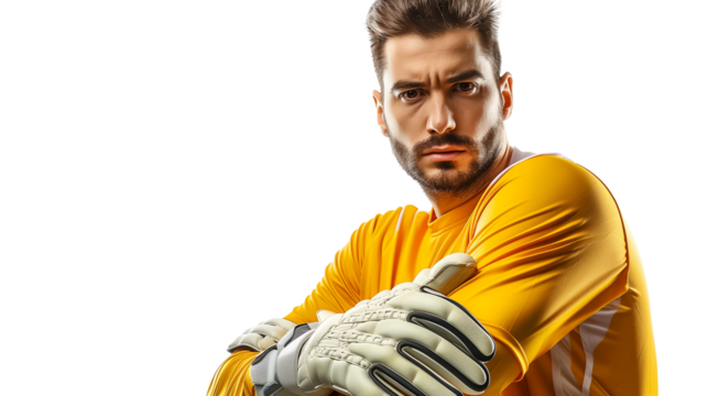 Goalkeeper poses confidently in bright yellow uniform before a match day