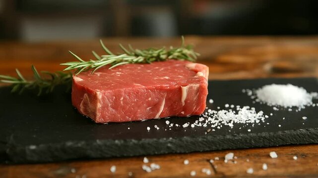 Black stone board on rustic wood table featuring perfectly grilled USDA Prime T-bone, salt and rosemary scattered artfully around the cut