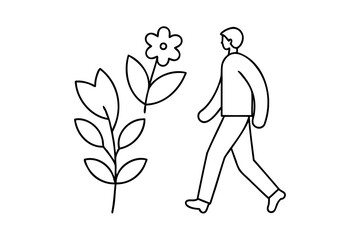 Man walking past simple line art flowers nature spring