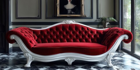 Luxurious Red Velvet Chaise Lounge with Elegant White Frame in Ornate Room
