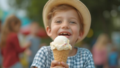 Young boy enjoying ice cream cone while smiling at a fair on a sunny day with colorful background and friends playing nearby Generative AI