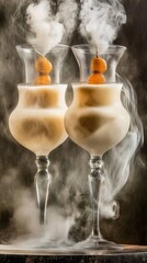 Two Glass Cocktails with Spherical Garnish and Rising Smoke Effects