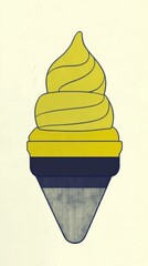 Stylized cone with stacked scoops of yellow cream and dark blue layers on off white