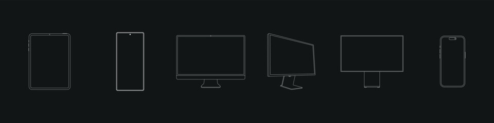 Outline Modern Realistic Computer Monitor, Tablet, Smartphone Vector Illustration on black background