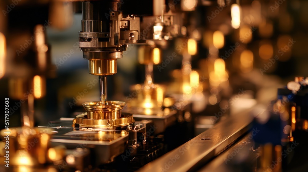 Poster precision machinery in a factory setting, assembling metallic components with intricate detail