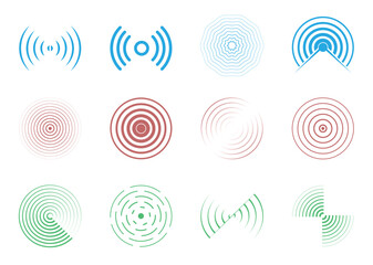 Sonar sound waves icon set. Concentric circle sign wifi, radial line media, Radio, radar station signal. Scan, rings circle ripples