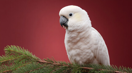 Obraz premium Graceful white cockatoo perched on evergreen branch, festive avian harmony, celebrating World Parrot Day and Tropical Christmas