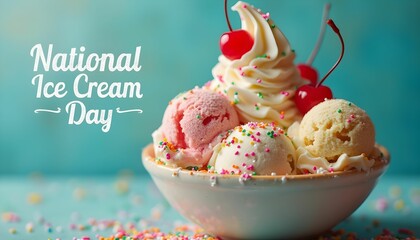 Celebration of ice cream with colorful scoops and toppings on National Ice Cream Day during summertime Generative AI