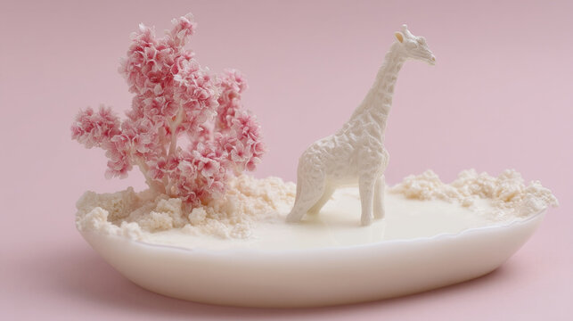 Miniature porcelain giraffe on dreamy sugar island, surreal serenity, candy art, whimsical charm, transforms festive decor