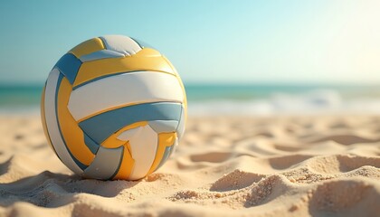 Colorful volleyball with empty space on a sandy beach, perfect for summer, sports, or vacation themes