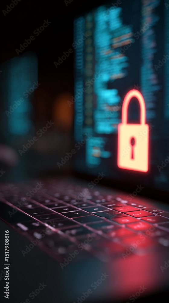 Poster laptop keyboard illuminated, screen displays glowing red padlock and cyan code, symbolizing digital 