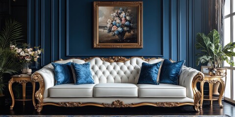 Luxurious White Tufted Couch in Elegant Interior with Blue Wall Paneling and Artwork