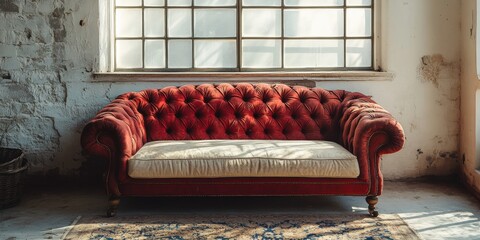 Tufted couch in vintage style interior with natural lighting from a large window