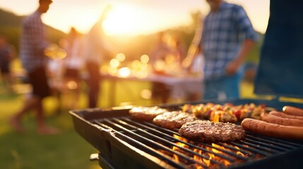 Grilling burgers and sausages at a lively outdoor barbecue party during sunset