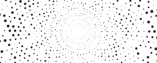 Radial halftone dots. Spotted and dotted stains gradient background. Concentric comic texture with fading effect.