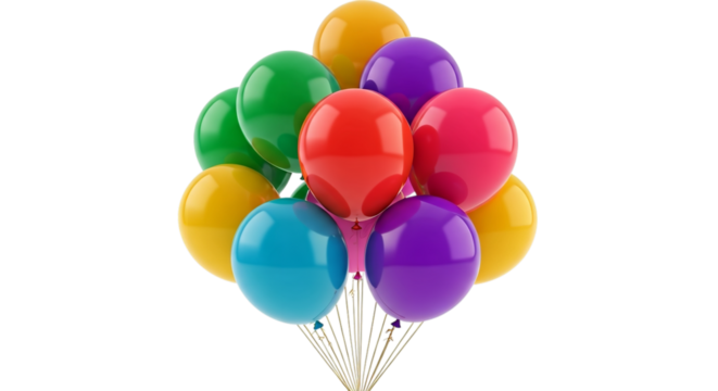 A bunch of colorful balloons tied together with golden strings against a black background