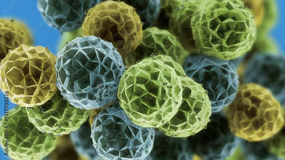 Poster colorful geometric pollen grains floating dynamically against blue backdrop, revealing intricate mic