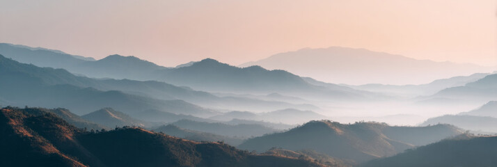 Ethereal mist kisses sunlit rolling hills, painting serene landscapes for Lunar New Year contemplation and tranquil meditation retreats