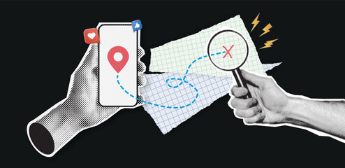 Retro collage with hands and map. Halftone hand holds smartphone