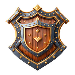 Ornate Wooden Shield with Metallic Accents and Decorative Rivets on Transparent Background