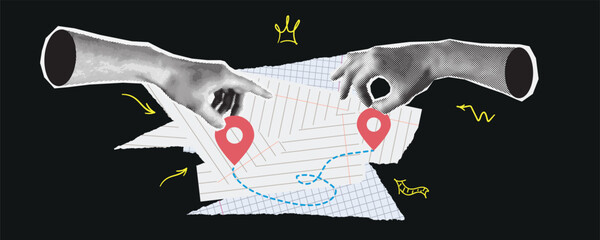 Retro collage with hands and map. Halftone hand holds two map points